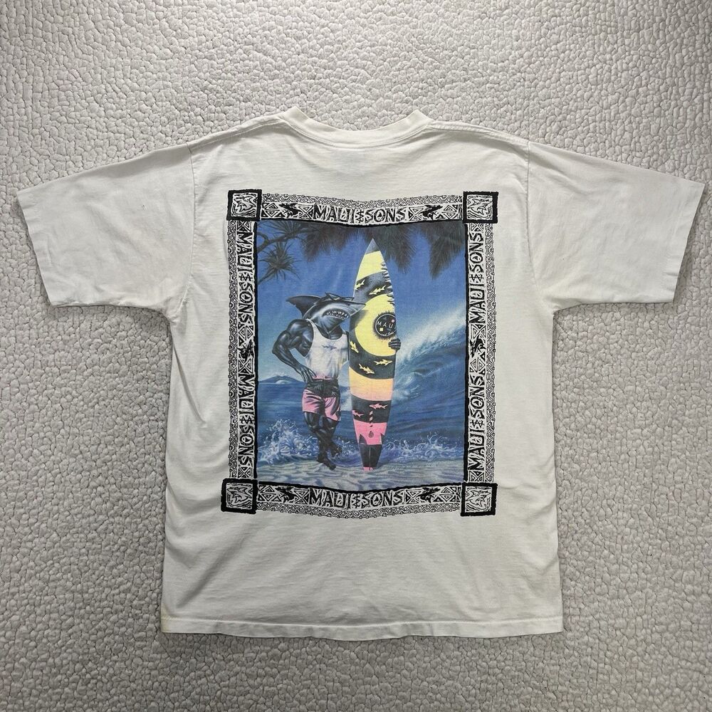 Vintage 90s Maui and‎ Sons Shark Surf T-Shirt USA Made Big Graphic T-Shirt Sz L